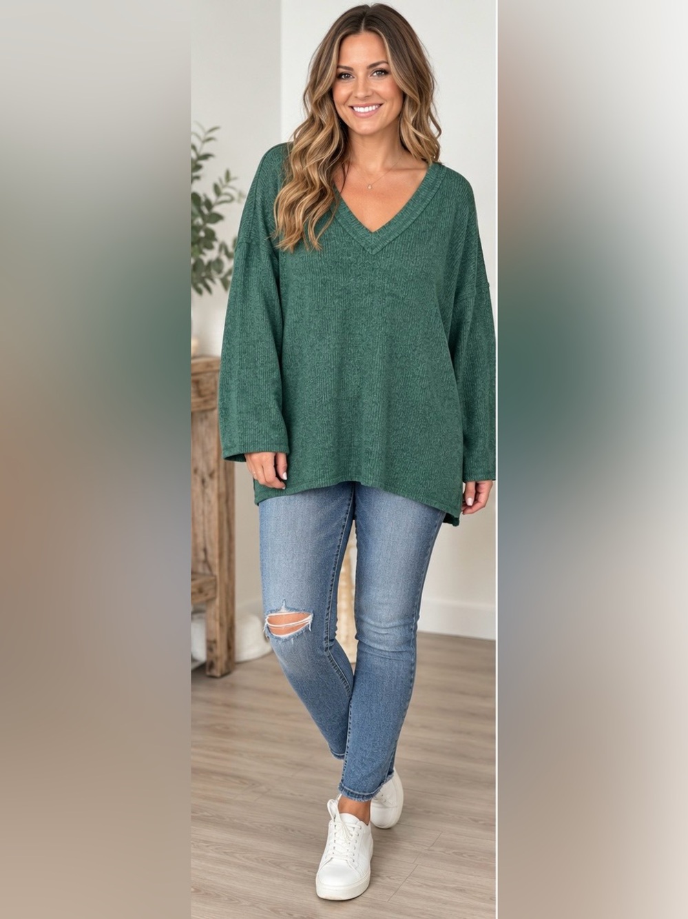 Zenana Outfitters Forest Green V-Neck Knit Pullover - New In Bag